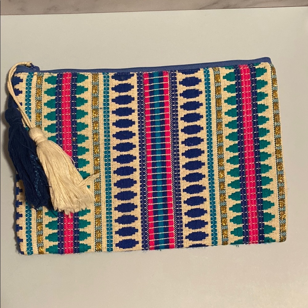 Colorful Patterned Clutch Pouch with Zipper and Tassel detail